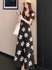 Elegant French-Style Black Floral V-Neck Slimming Long Dress for Women - Summer Collection