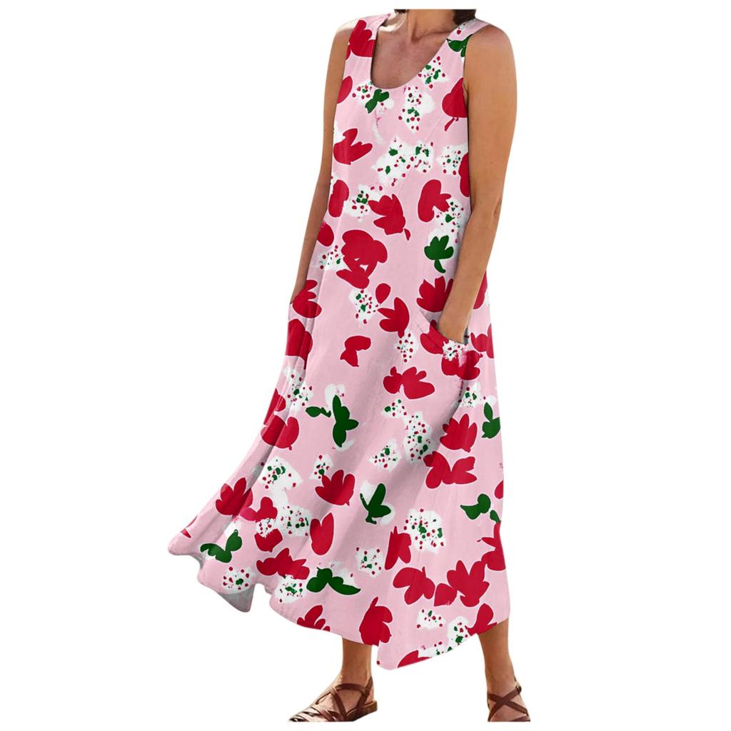 Damenmode Sommer Lässig Ärmellos Floral Bedruckt Kleine Tasche Kleider