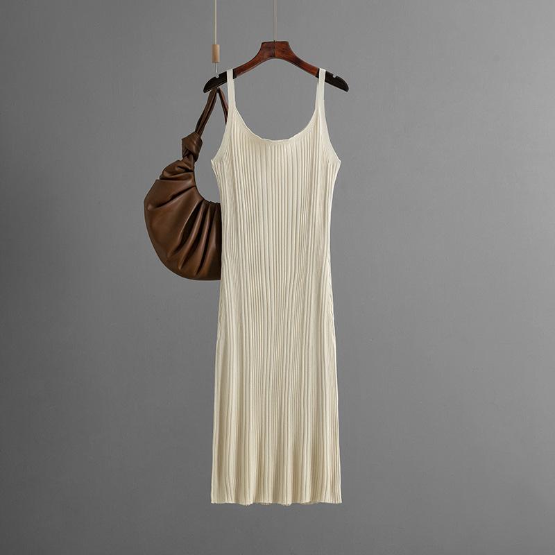 

Сексуальное облегающее вязаное платье с утягивающей талию отделкой, летнее простое однотонное платье на бретелях, длинная юбка OneSize абрикосовый