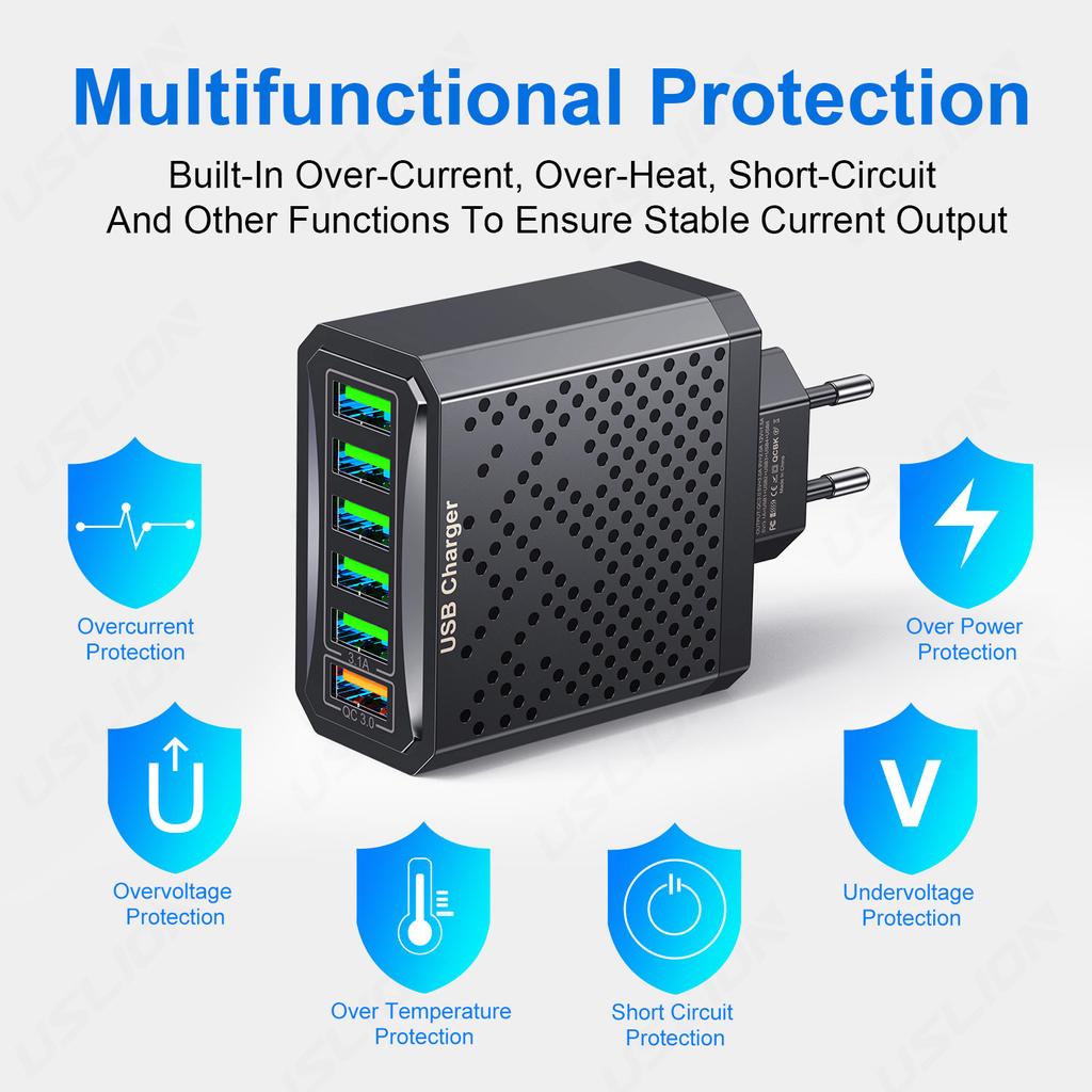 6 Ports 3.1A USB Fast Phone Charger Adapter 6 In1 Mulit EU/AU/US Plug Travel Charger For iPhone Xiaomi QC3.0 Quick Charge