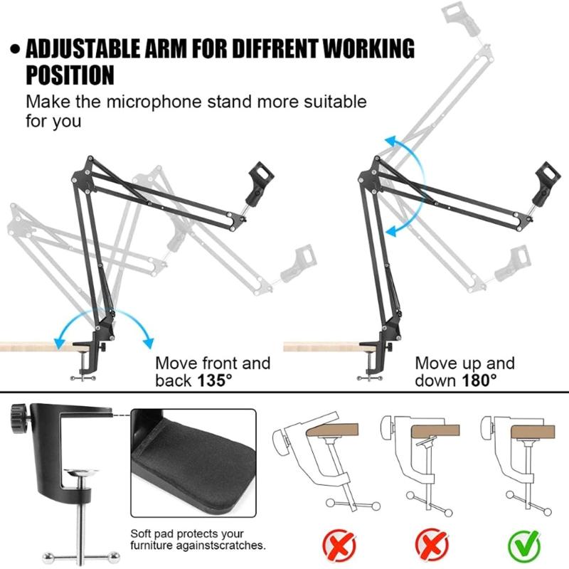 Microphone Desk Arm Stand Mount Boom Scissor Smartphone Clip Mic Holder with Tripod Mic Arm 360 Degree Rotation