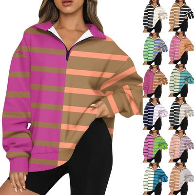 Sweat-shirt à manches longues et fermeture éclair à rayures et imprimé à revers pour femme