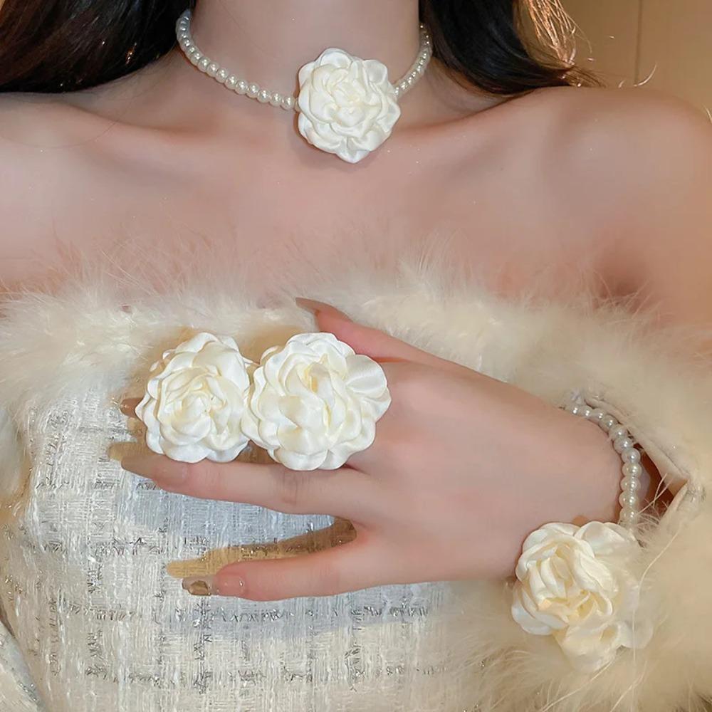 

Jewelry Cloth Flower Earrings Polyester Pearl Bracelet Accessories Flower Pearl Necklace Holiday pink-necklace