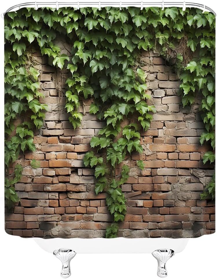 Green Leaves Shower Curtain Brick Wall Garden Landscape Nature Plant Rustic Country Red Brown Stone Wall Creative Bathroom Decor