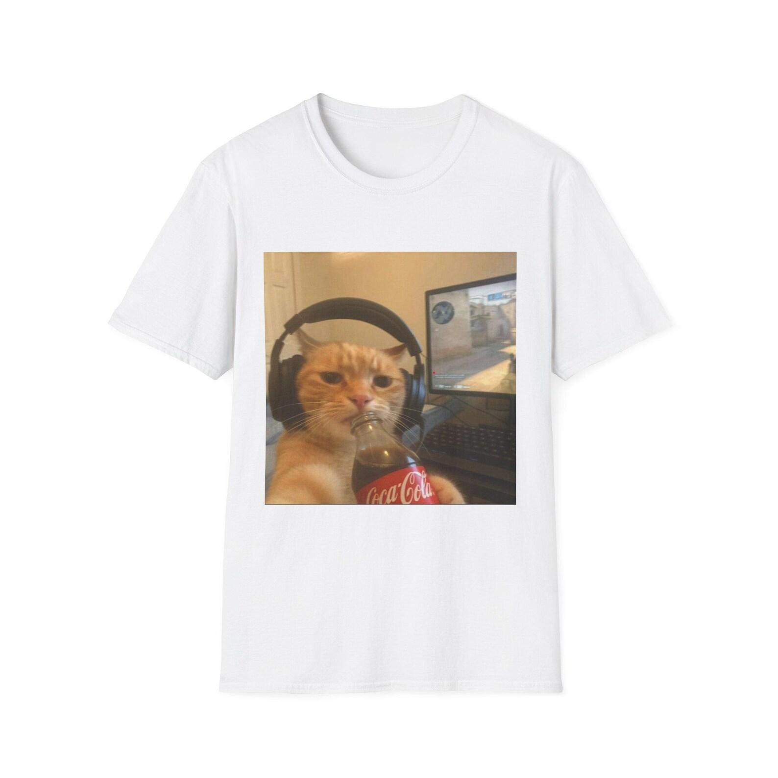 Gaming Cat Meme T-Shirt | Cat with Headphones and Soda, Funny Cat Tee S