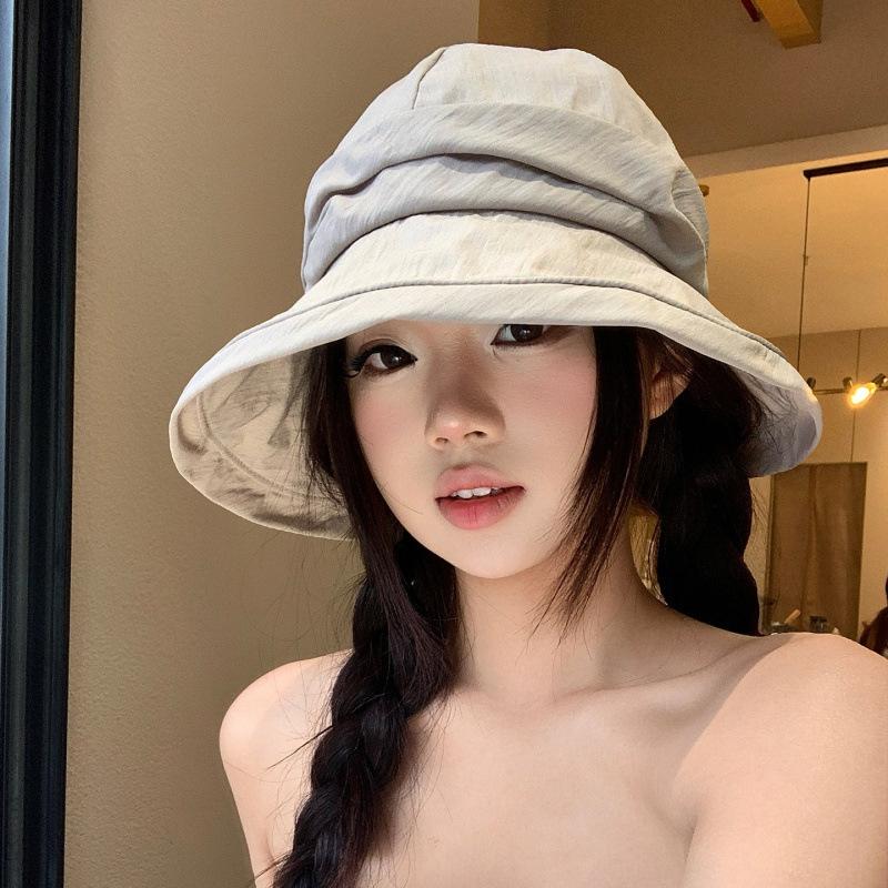Japanese Simple Cotton And Linen Pleated Bucket Hat Women S Summer Thin Outdoor Uv Protection Sun Protection Sun Hat бежевый