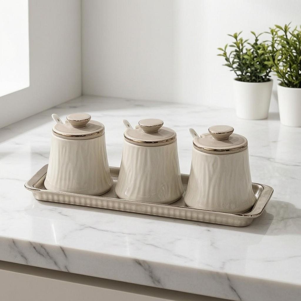 3 Pieces Ceramic Seasoning Jar with Lid Countertop Condiment Organizer Tray