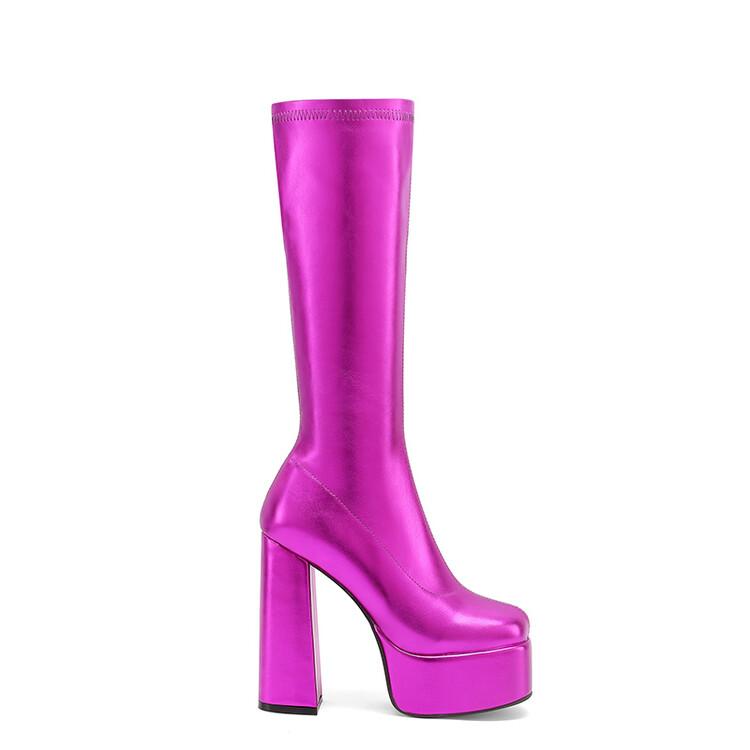 

Сапоги до колена цвета металлик, розового, зеленого, фуксии, женские, на толстом каблуке, на толстой платформе, золотисто-серебряные, готические, эластичные 38