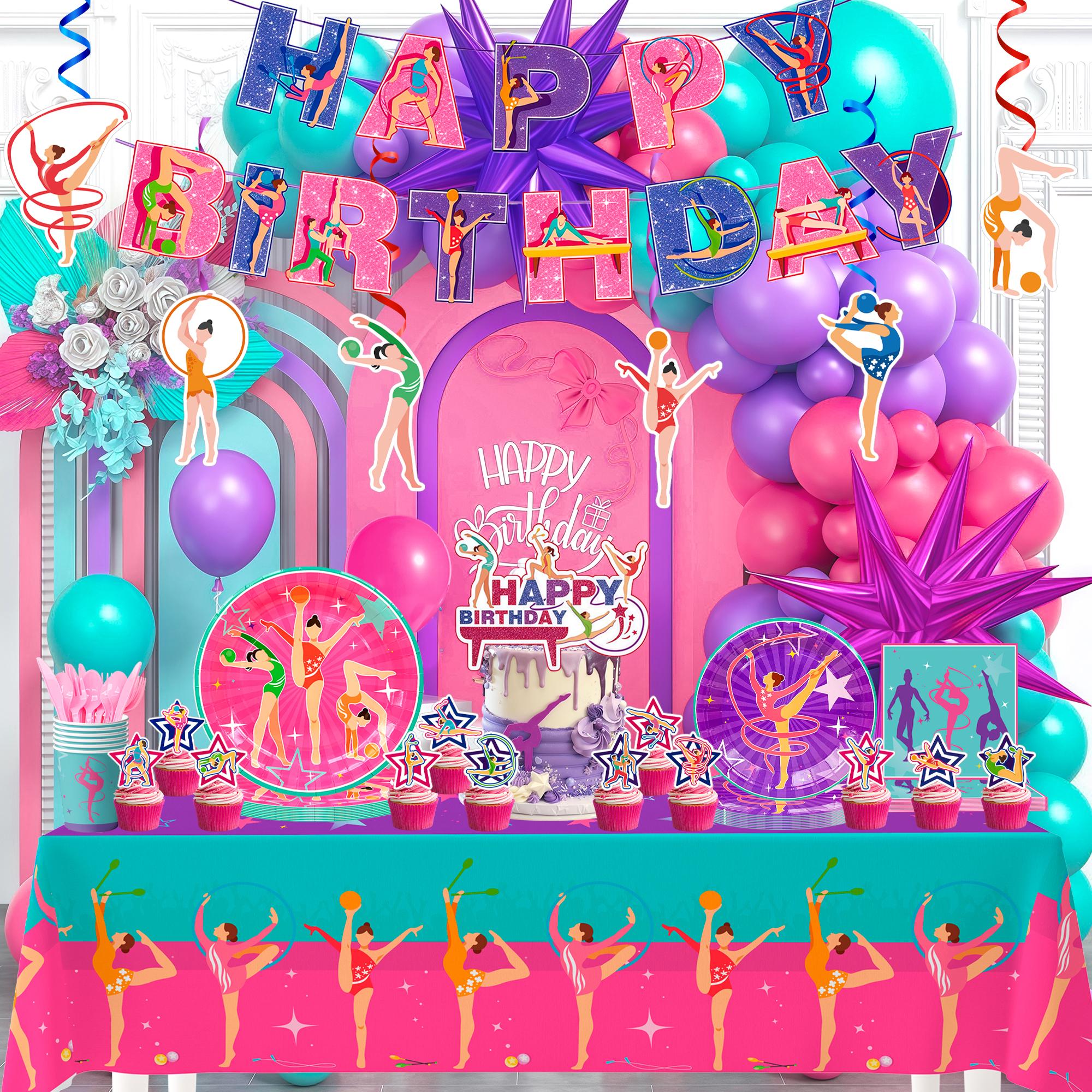 155pcs Gymnastics Birthday Party Decoration Supplies, 10 Guests Gymnastics Party Tableware Gym Plates Tablecloth Banner Sport Birthday Cupcake Toppers розовый/фиолетовый