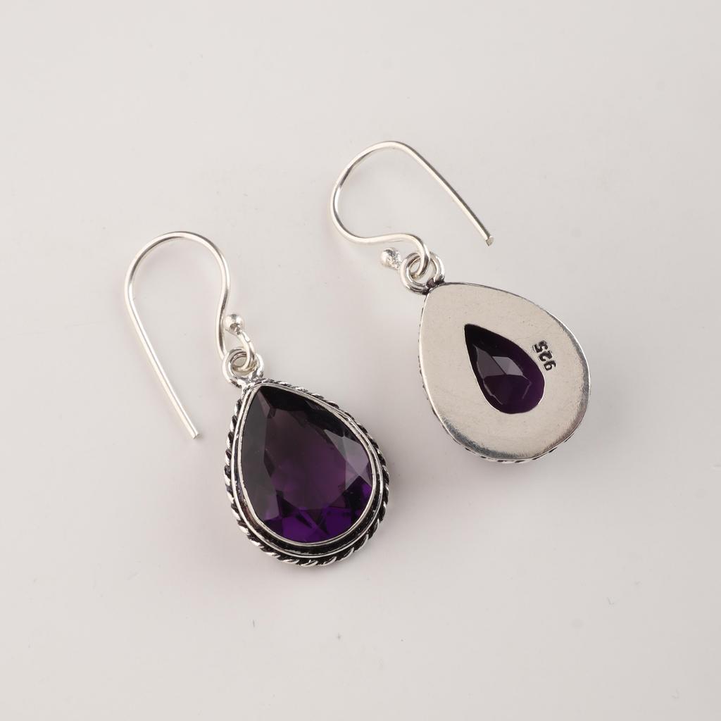 Amethyst Gemstone 925 Sterling Silver Handmade Purple Stone Earrings 1.5" Lightweight Jewelry For Women AEE-2-6