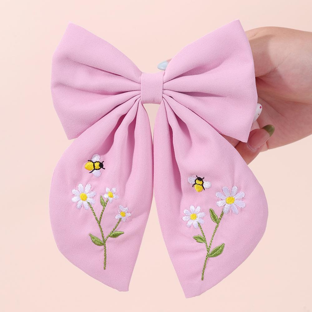 Flower Bow Hair Clips Sweet Pink Bee Floral Handmade Embroidery Bownot Barrette For Girls Children Daliy Heawear Accessories