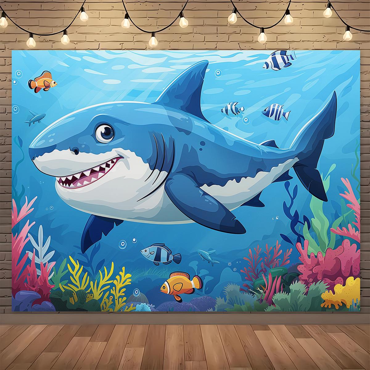 1 cartoon great white shark Marine animal underwater world theme background cloth, creative ocean birthday party decoration 130x150cm