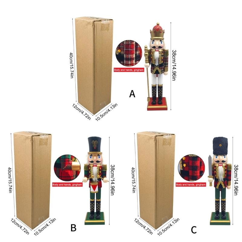 Traditional Wood Checkered Nutcrackers 38cm Figure Ornament Christmas Soldier King Puppet Figurine Holiday Decoration