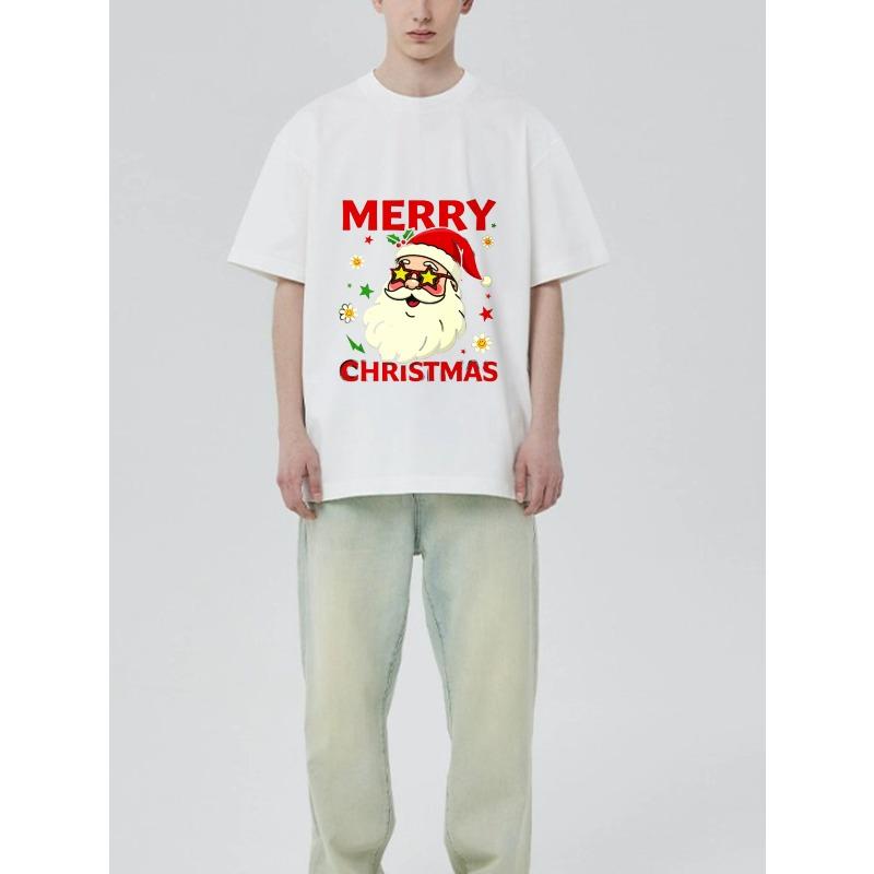 Christmas T-Shirt Black Santa Claus with Sunglasses and Stars Merry Christmas Print for Holiday Party