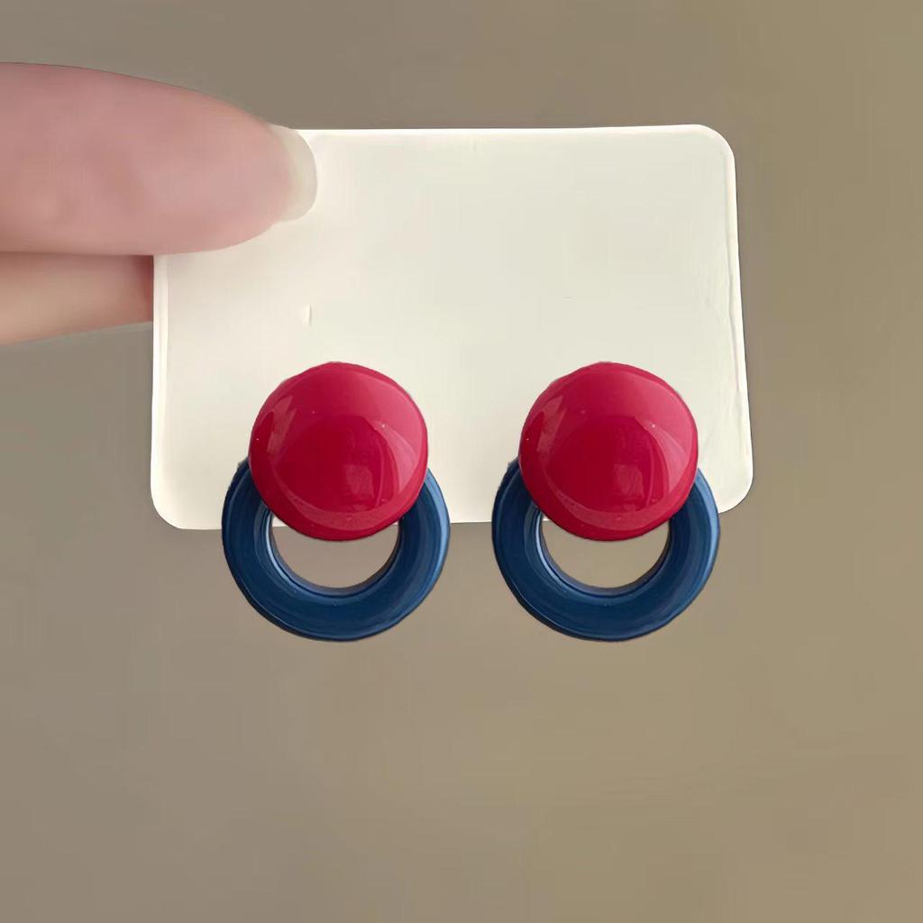 Korean Style Geometric Resin Color Block Stud Earrings - Women's Light Luxury Round Hoops Jewelry
