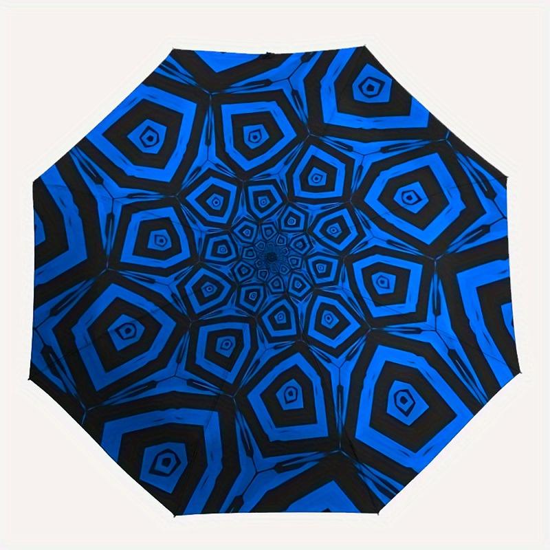 

1pc Blue Geometric Pattern Automatic Open/Close Umbrella, Umbrella with cartoon Design, Portable Compact Umbrella for Men & Women, Good Holi