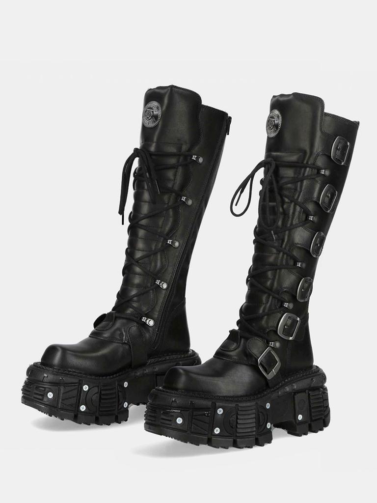 Fashion Belt Buckle Motorcycle Boots Knee High Rock Punk Round Toe Thick Bottom Leather Solid Color Fashion Sexy Women Shoes New