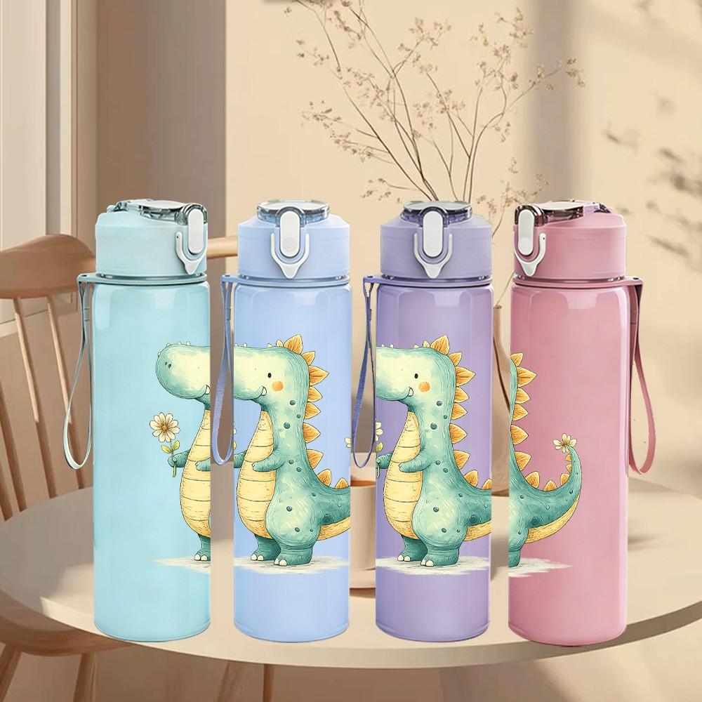 1PC Small Green Baby Dragon Cartoon Print 750ml Color Plastic Sports Water Bottle Leakproof Flip Straw Lid Suitable for Sports Office Home Use