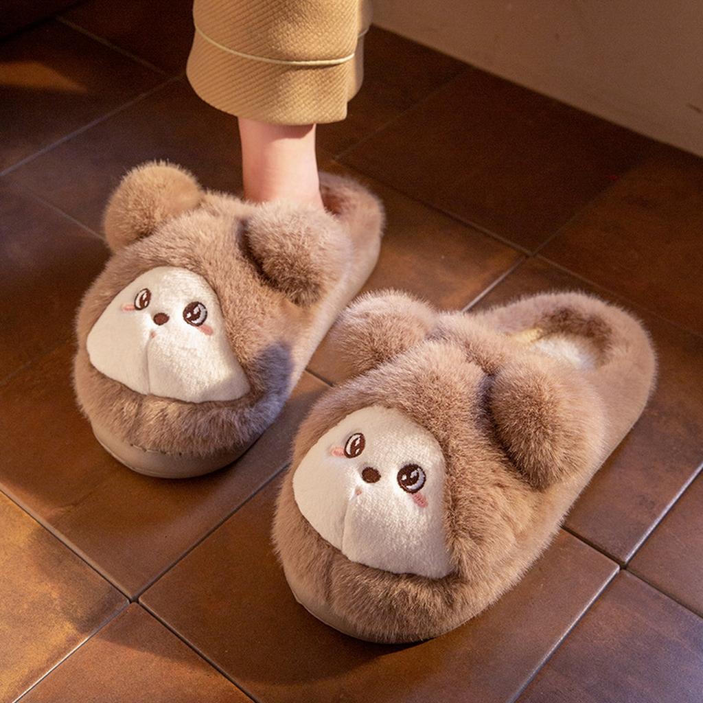 Winter Home Warm Baotou Cotton Slippers Girl Heart Cute Plush Bear Soft Bottom Slippers.