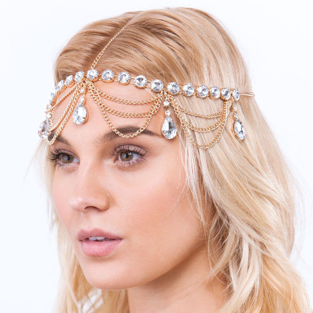 Vintage Trend Rhinestone Head Chain Forehead Headband Indian African Bohemian Hair Accesories Crystal Fringe Tiara Headdress