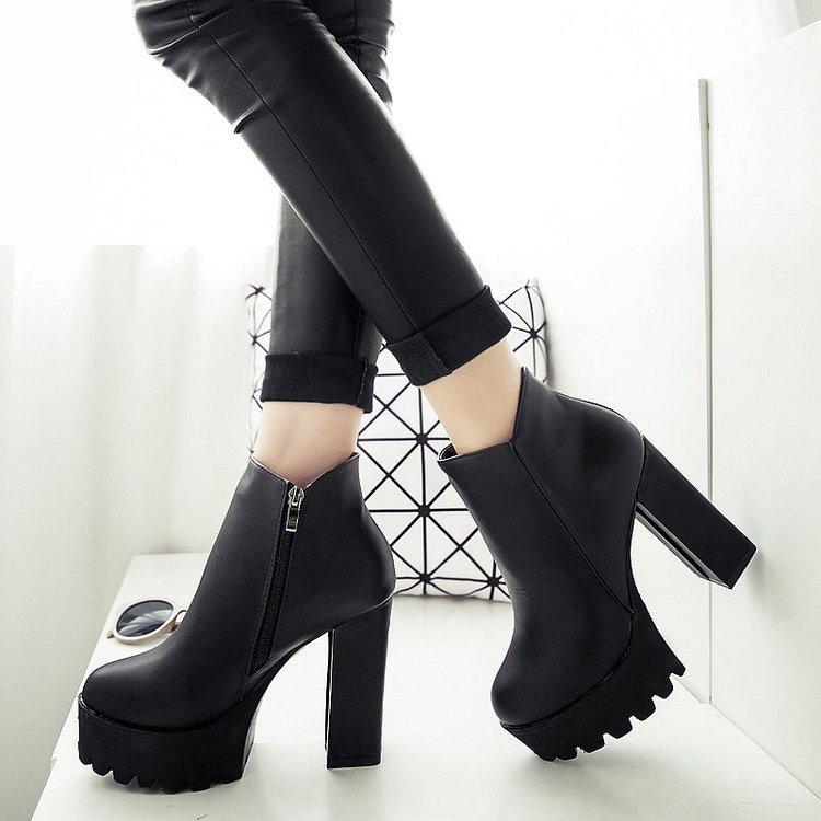 Women's Fleece-Lined Chunky Heel Platform Winter Shoes
