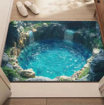 1pc Visual Illusion Ghost Pattern Door Mat with Vivid Blue Waterfall and Rock Bathroom Bedroom Living Room Entrance Carpet