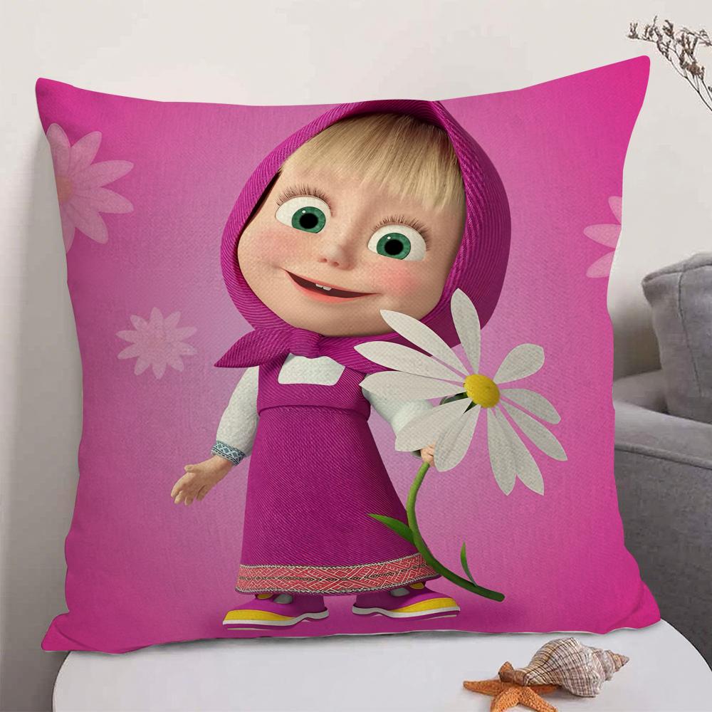 Anime MMasha And The Bear Cushion Cover Natural Linen Organic Fabric DoubleSided Printing Sofa Home Decor Gift Pillow Case