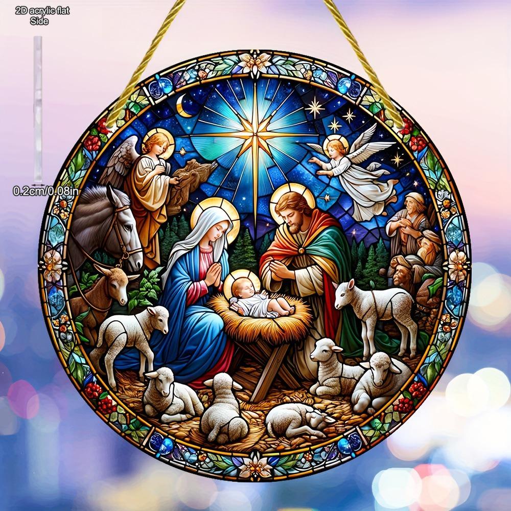 Round Acrylic Stained Sun Catcher - Vibrant Jesus Birth Design, Ideal for Porch & Garden Decor, Spiritual Home Decor, Four Seasons Decoration