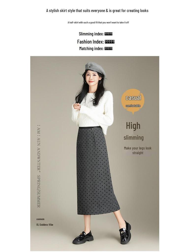 2025 Korean Grey Polka Dot Wool A-Line Skirt: Women's Autumn/Winter Straight Cut, Mid-Length with Back Slit