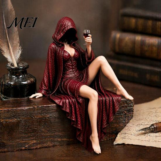 Hand Painted Resin Crafts Hooded Midnight Reader with Wine Statue, Gothic Dark Fantasy Faceless Shadow Home Decor Collectibles Figure, Sitting Mystery