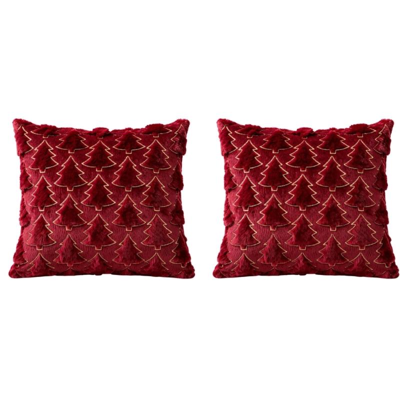 Christmas Throw Pillow Cover Set of 2, Plush Faux Furs Cushion Covers with Raised Embroidery for Coordinated Indoor Seating