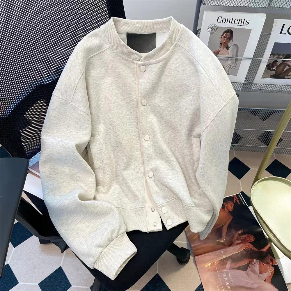 Women s Retro Gray Simple Short Hoodie Jacket - Versatile Spring/Autumn Baseball Cardigan M