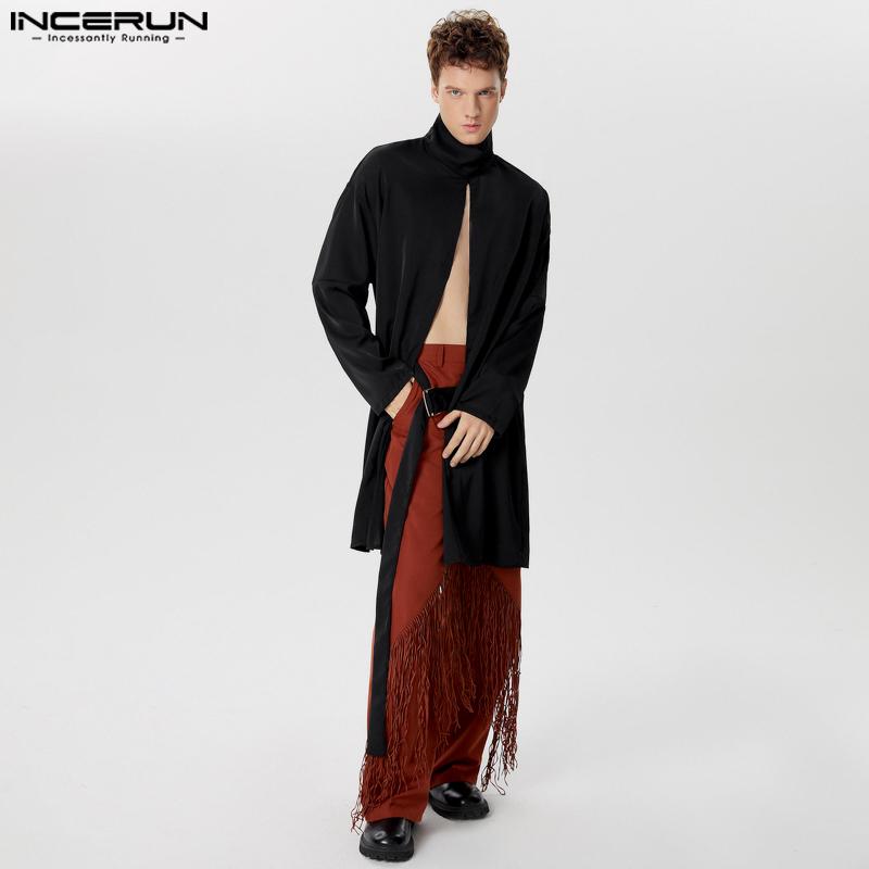 INCERUN Männer Rollkragen Langarm Splits Offene Vorderseite Lange Shirts Dünne Tops