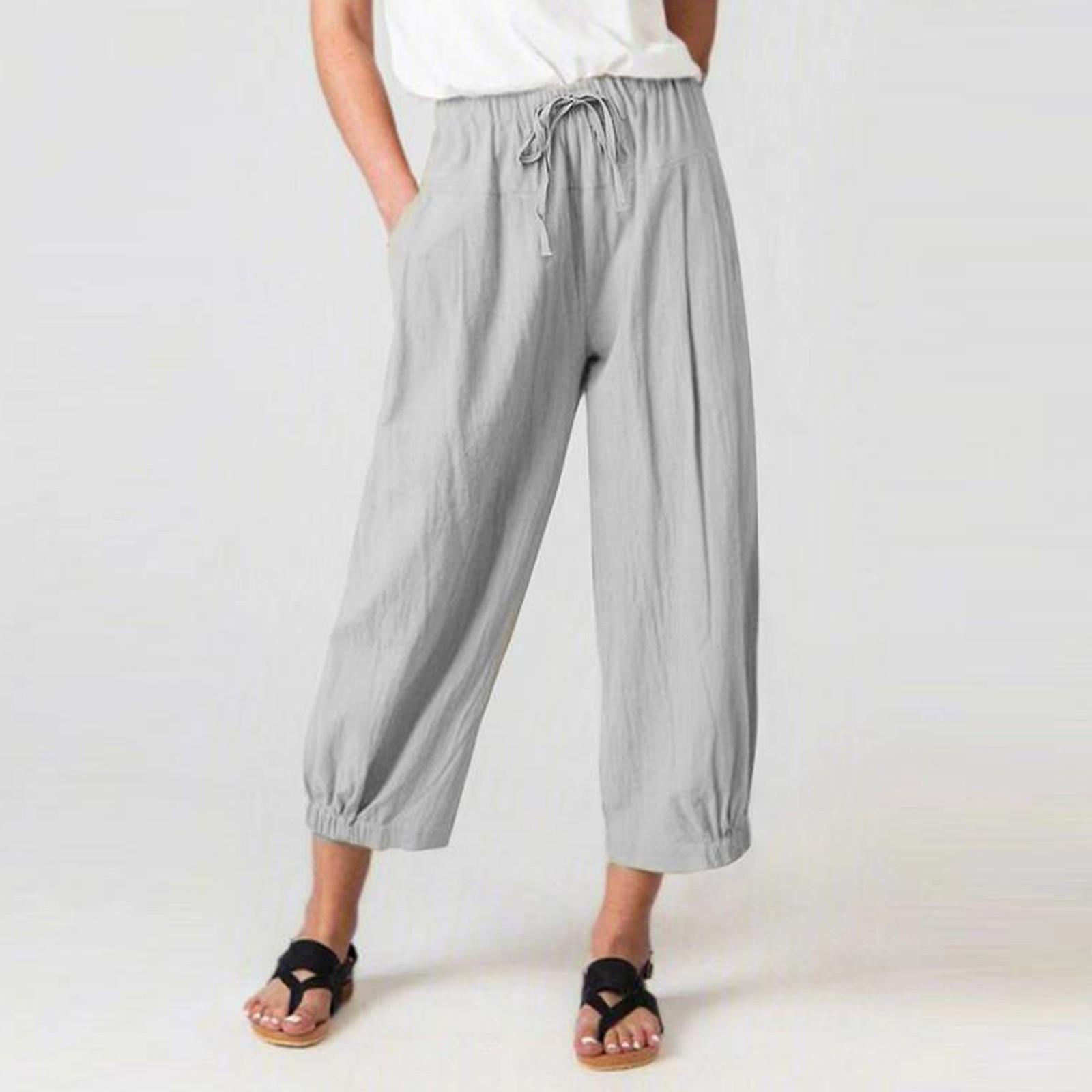 

Женские повседневные и модные укороченные брюки из хлопка и льна на шнурке с карманами и широкие брюки XL