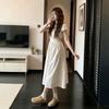 French White V-neck Dress Children's Summer New Popular Beautiful Waist Pinched Beautiful Non-collision Long Dress
