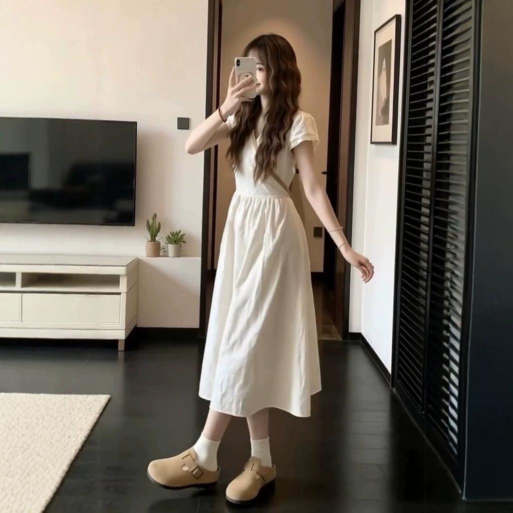 French White V-neck Dress Children's Summer New Popular Beautiful Waist Pinched Beautiful Non-collision Long Dress