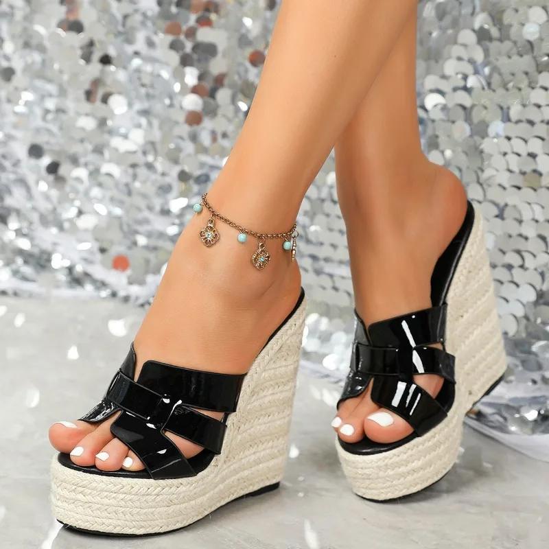 Fashion 14 Cm Super High Heel Wedge Slippers Women Fashion Woven Slide Sandal Comfort Non-slip Open Toe Platform Sandal Zapatos De Mujer