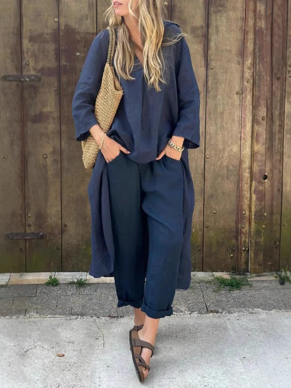 

Solid Color Asymmetric Top and Pants Set for Commuting Large темно-синього кольору