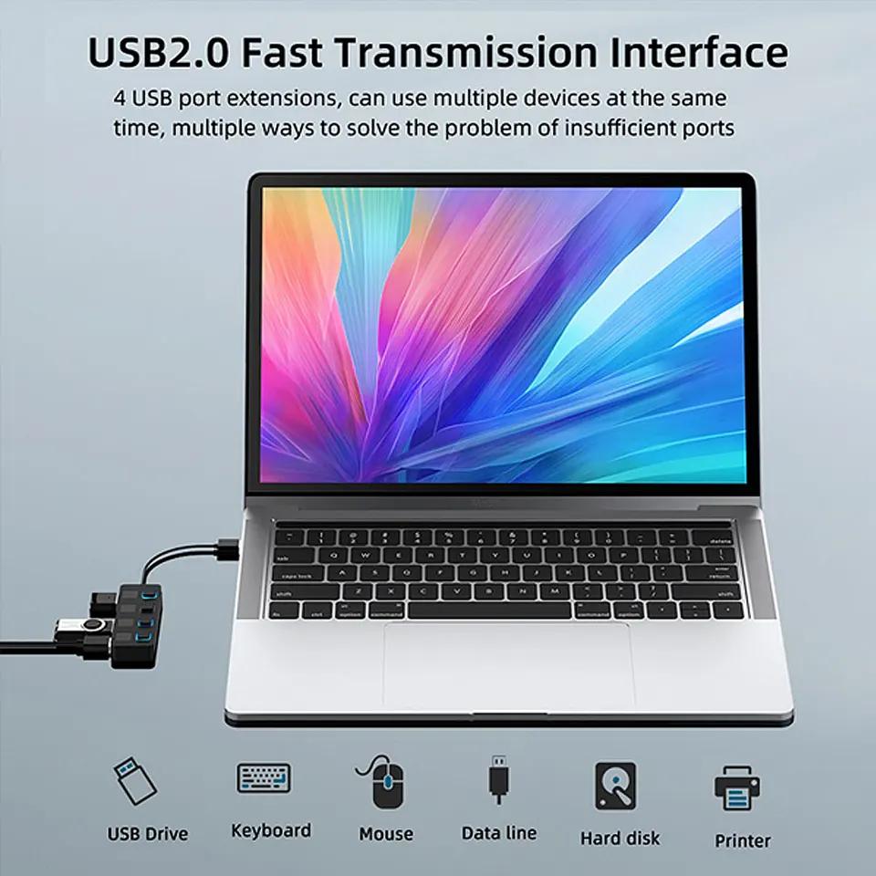 4 Ports USB 2.0 Hub On/Off Switch Splitter Expander Independent 480Mbps Fast Transmission Data Charge Adapter PC Computer