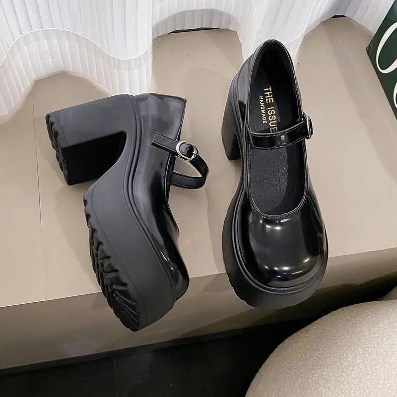 Autumn High Heels Mary Janes Shoes  Leather Heeled Shoes Woman Platform Ankle Strap Pumps for Women