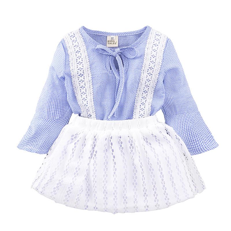 Girls Fall Long Sleeve Plaid Top with Lace Hollow Out Skirt Set 80