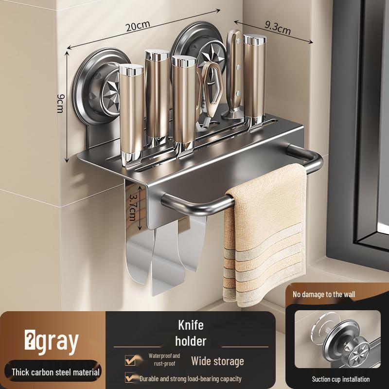Wall-mounted Punch-free Kitchen Knife & Utensil Rack with Suction Cup Chopstick Holder