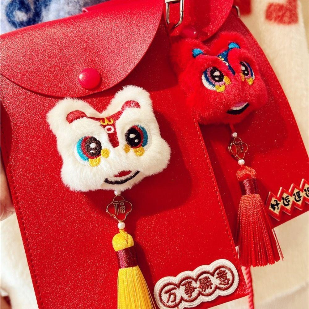 Cross Body PU Leather Red Envelope Tassel Lion Dance New Year Money Envelope  Celebration Party