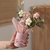 5PCS Handmade Crochet Bouquet with Pink Vase, Including Crocheted Flower Fabric Wrapping Paper and Ribbon - Carefully Woven Cotton Thread