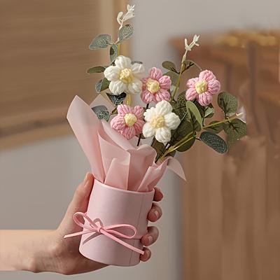 Handmade Crochet Flower Bouquet | Pink Vase, Crocheted Flowers, Fabric, Wrapping Paper & Ribbon | Perfect for Mother’s Day