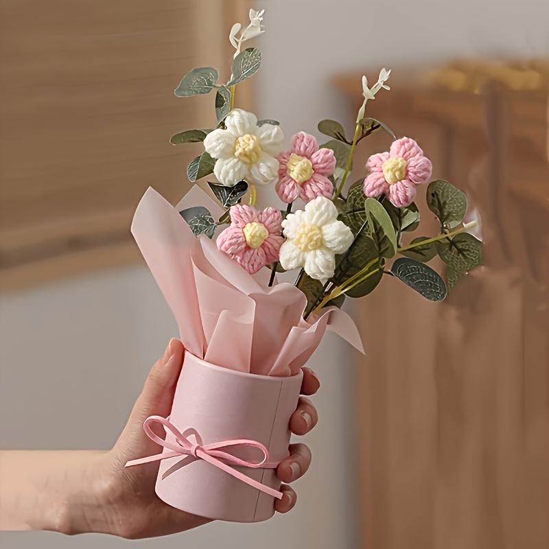 

5PCS handmade crochet bouquet with pink vase, including crocheted flower fabric wrapping paper and ribbon - carefully woven cotton thread розовый