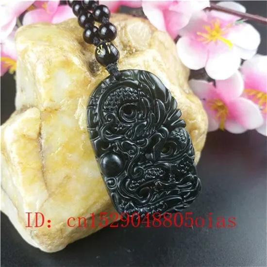 Certified Chinese Natural Black Green Jade Dragon Pendant Beads Necklace Charm Jewelry Obsidian Carved Amulet Gifts for Men