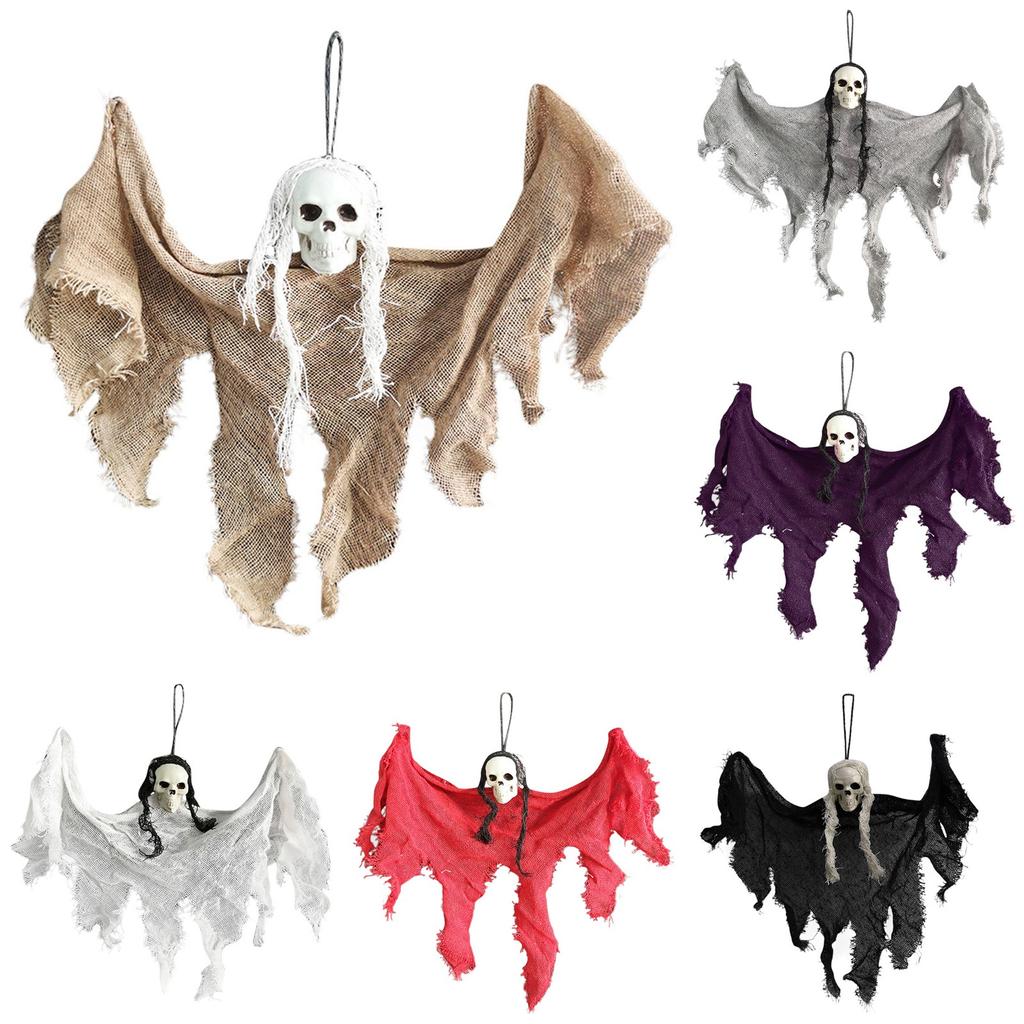 Halloween Hanging Ghost Decoration with Mesh Fabric and Skull Head for Indoor Outdoor Party Haunted House Props