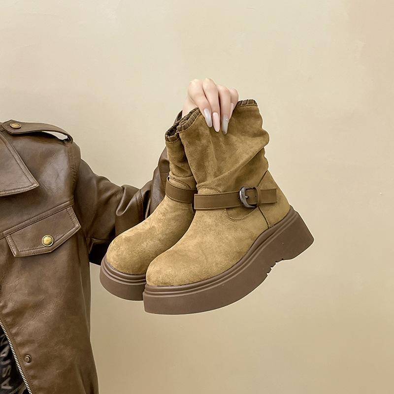 Retro style round head belt buckle Martin boots women's autumn and winter fashion versatile short boots lace short tube fashion boots