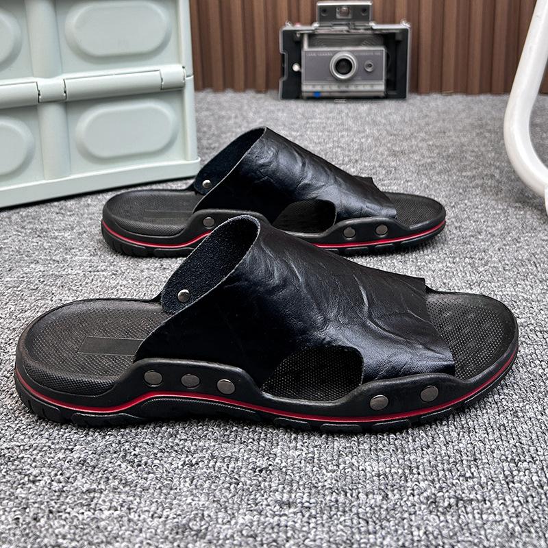 2025 summer new leather one-word cool slippers men wear breathable and odorless trend versatile sandals men's large size